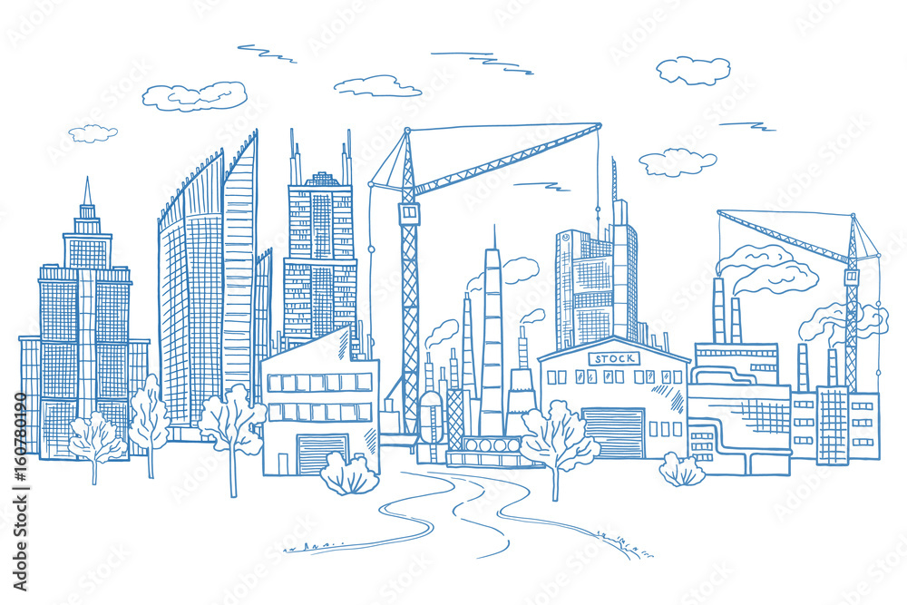Big city landscape with different buildings. Vector hand drawn illustrations