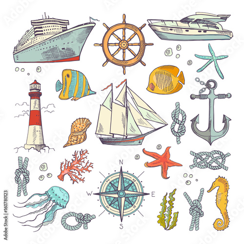 Marine coloring doodle set with different nautical elements, compass and lighthouse. Underwater animals vector set