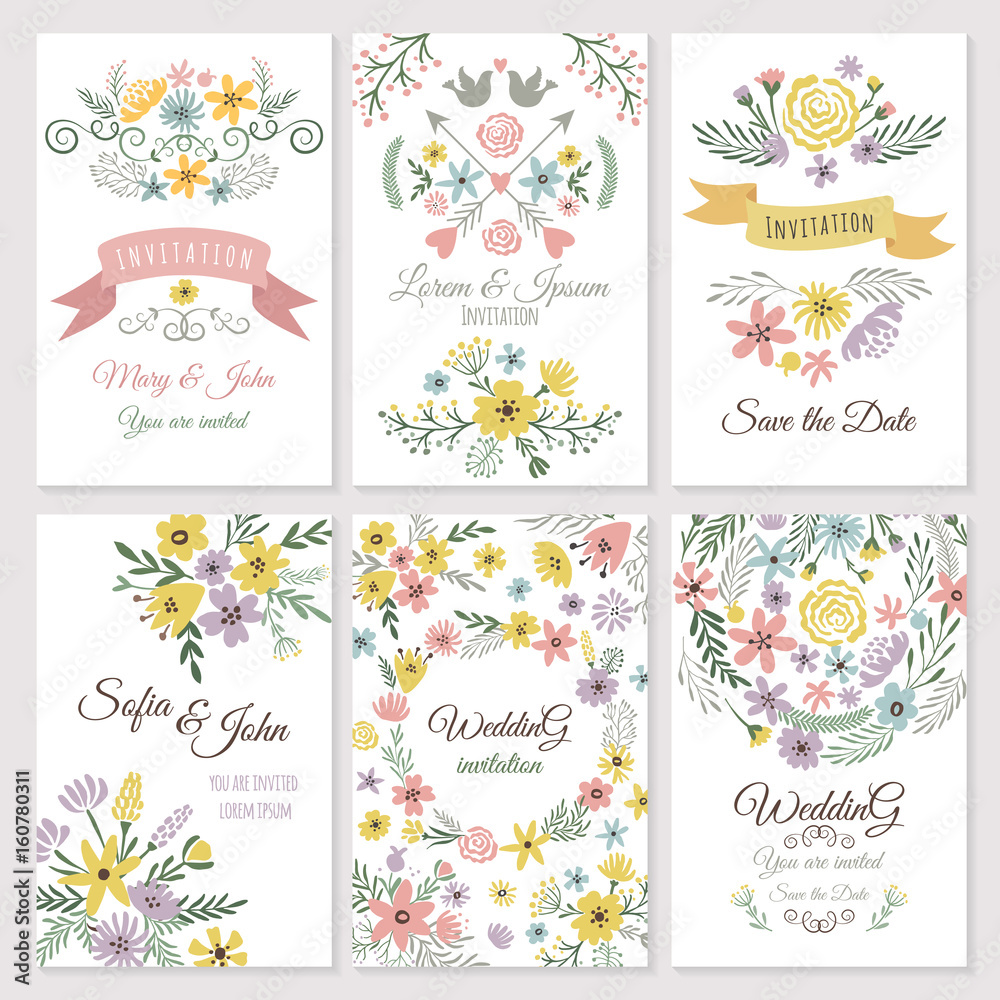 Floral design of wedding invitation cards. Vector illustrations