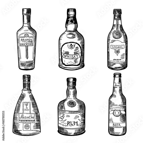 Different alcoholic drinks in bottles. Vector illustration in hand drawn style