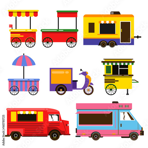 Different food trucks set. Vector illustration