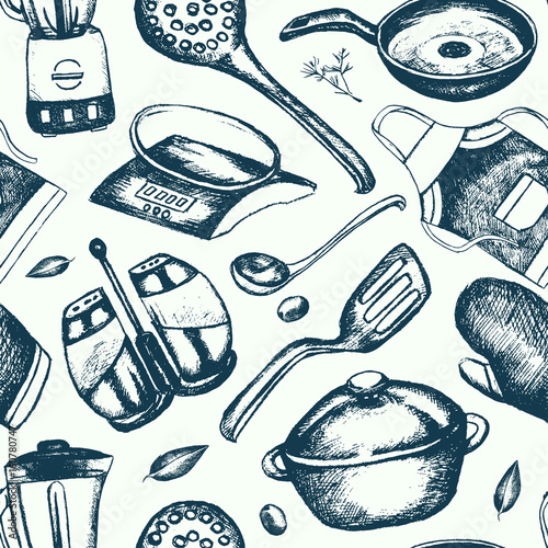 Kitchen Ware - hand drawn seamless pattern