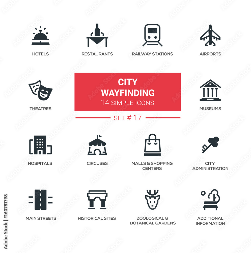 City wayfinding - modern simple icons, pictograms set