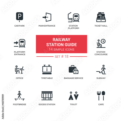 Railway station guide - modern simple icons, pictograms set