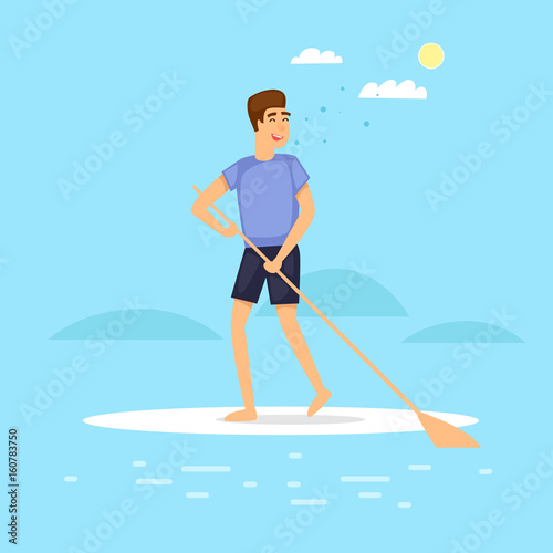 Guy is paddling on SUP. Flat vector illustration in cartoon style.