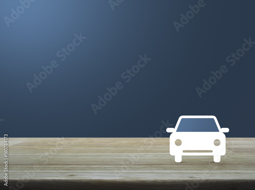 Car flat icon on wooden table over light blue gradient background, Business service car concept