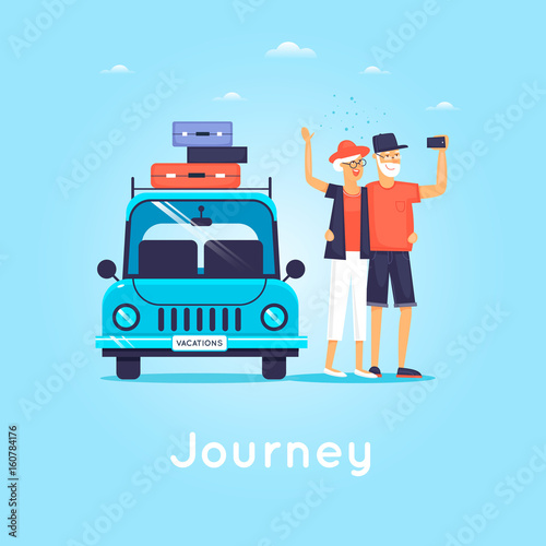 Old people are traveling by car. Flat vector illustration in cartoon style.