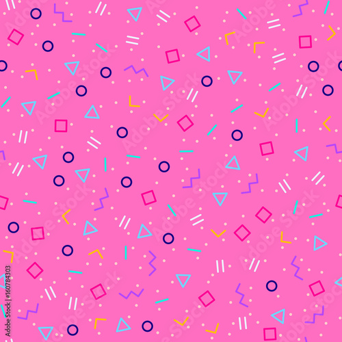 Geo shapes pattern, memphis style neon colors. Pink geometric background. 