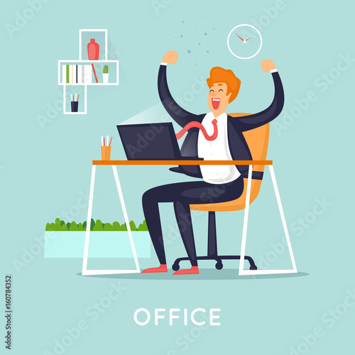 Businessman is happy in the office. Flat vector illustration in cartoon style.