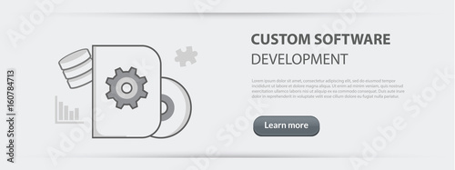 Flat line illustration business concept web banner of custom software development company site services, app design, programming, coding, building and debugging for websites and marketing materials