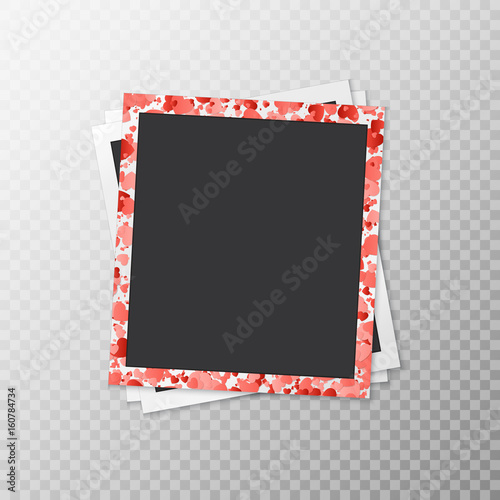Three photo frames in a romantic style with hearts of confetti on a translucent background
