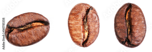 Coffee beans set Isolated on white background, closeup, extreme macro .