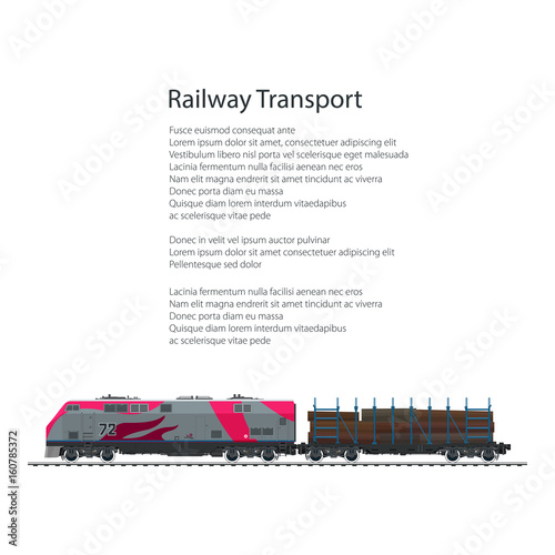 Brochure Locomotive with Railway Platform for Timber Transportation, Cargo Train Isolated on White Background and Text, Rail Freight, Poster Flyer Design, Vector Illustration