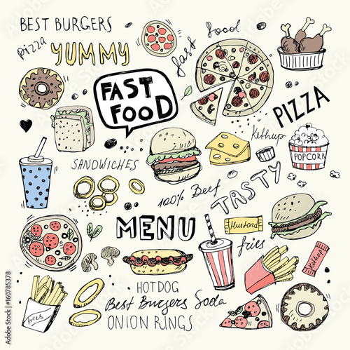 Fast food doodles. Hand drawn vector symbols and objects