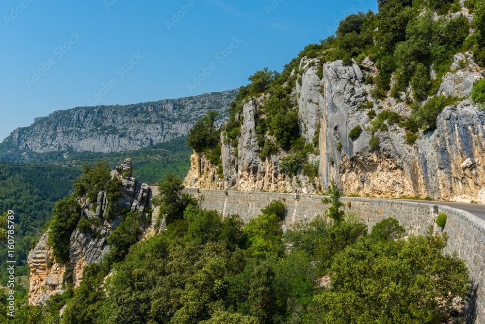 Mountain alpine narrow road along the Verdon Gorge, France. Alpes-de-Haute-Provence, Provence-Alpes-Cote d'Azur