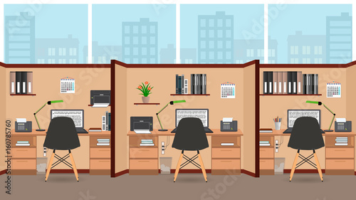 Interior office room flat design with big window including three isolated work spaces with furniture.