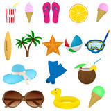 Set of summer beach items. Diving, surfing and vacation items located on a white background.