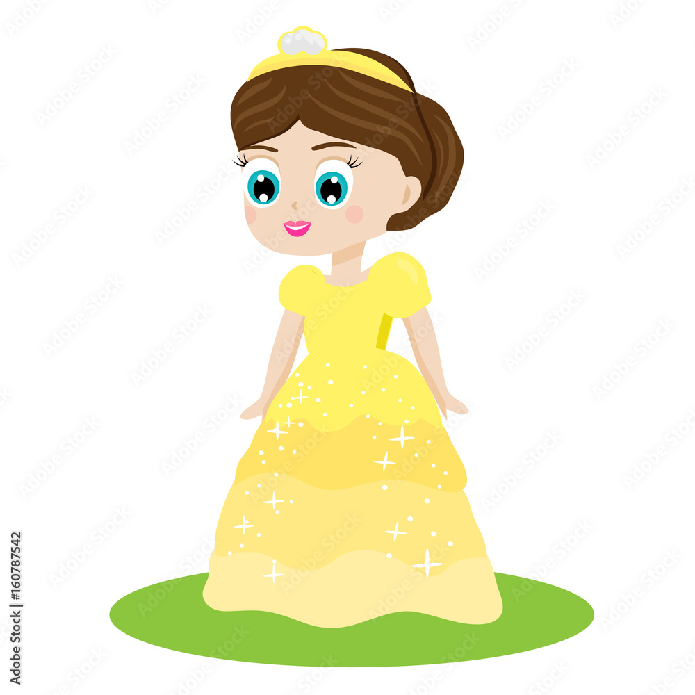 Cute kawaii fairy tale princess in yellow dress and crown. Girl in queen costume. Cartoon style vector illustration Cute kawaii fairy tale princess in yellow dress and crown. Girl in queen costume. Cartoon style vector illustration