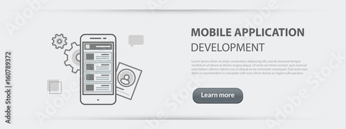 Flat line illustration business concept web banner of mobile application development company site services, app design, programming, coding, building, debugging for websites and marketing