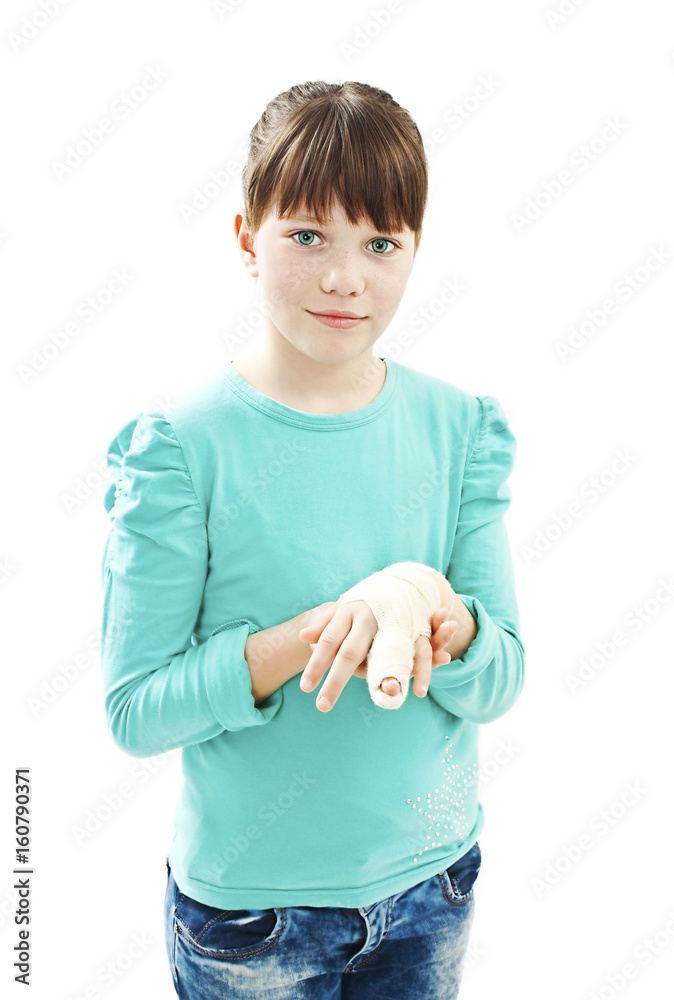 Child with broken arm. Isolated on white background Child with broken arm. Isolated on white background
