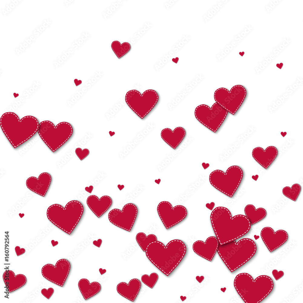 Red stitched paper hearts. Bottom gradient on white background. Vector illustration.