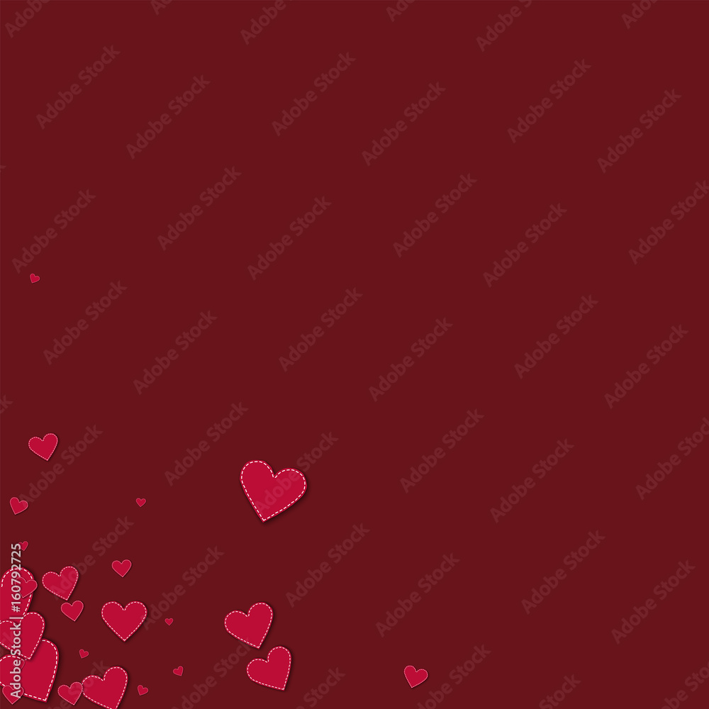 Red stitched paper hearts. Messy bottom left corner on wine red background. Vector illustration.