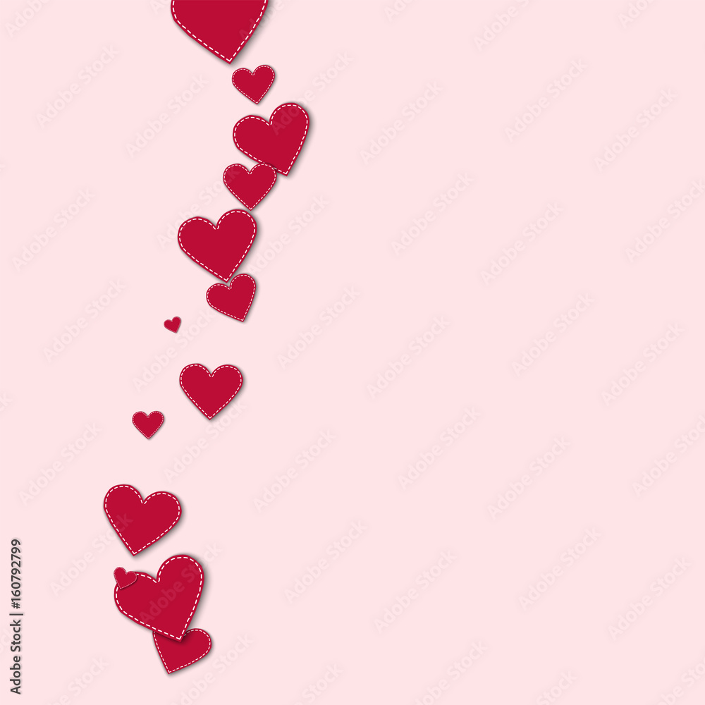 Red stitched paper hearts. Left wave on light pink background. Vector illustration.