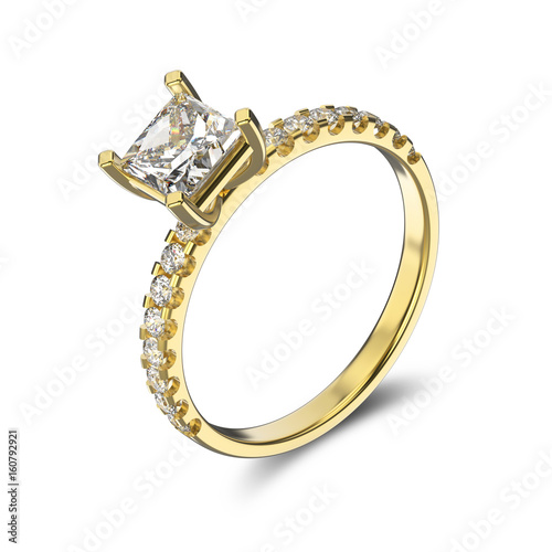 3D illustration yellow gold ring with diamond