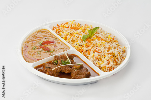Biryani rice combo with chana dal and mutton curry with disposable plate