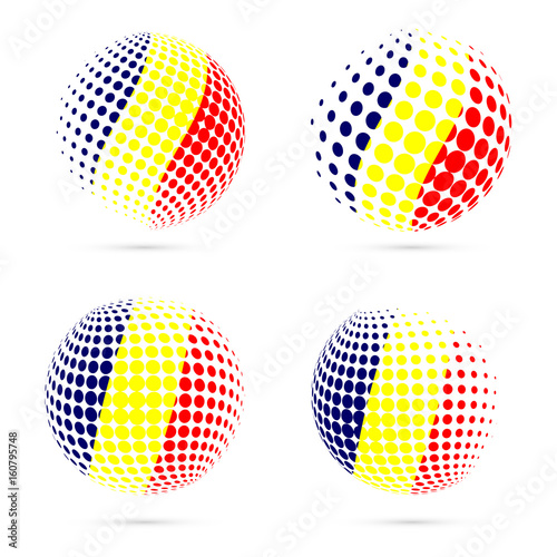Chad halftone flag set patriotic vector design. 3D halftone sphere in Chad national flag colors isolated on white background.