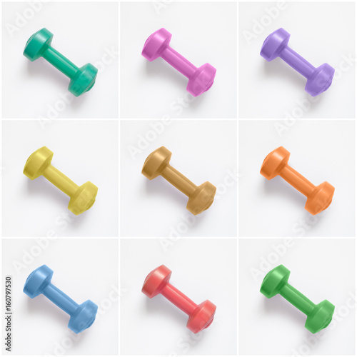 Collage of colorful dumbbells on white background