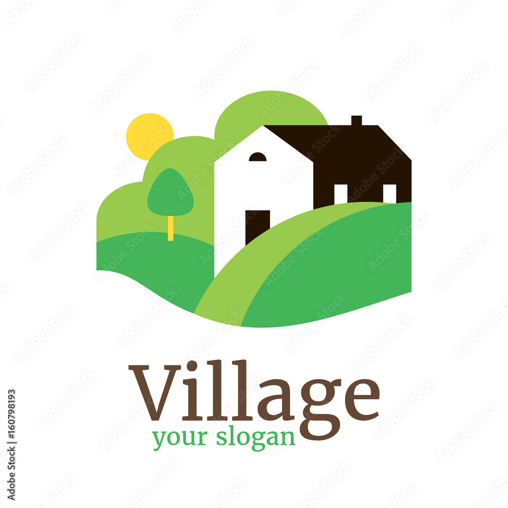 Vector logo template for country village, organic farm. Illustration of country house with hills and garden. Eco product sign. EPS10. Rural landscape.