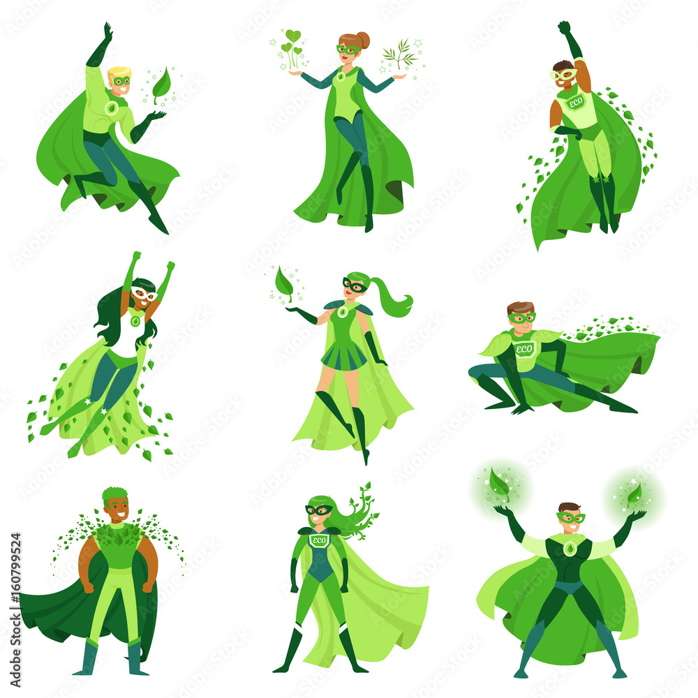 ECO superhero characters set, young men and women in different poses with green capes vector Illustrations ECO superhero characters set, young men and women in different poses with green capes vector Illustrations