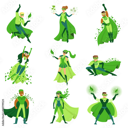 ECO superhero characters set, young men and women in different poses with green capes vector Illustrations