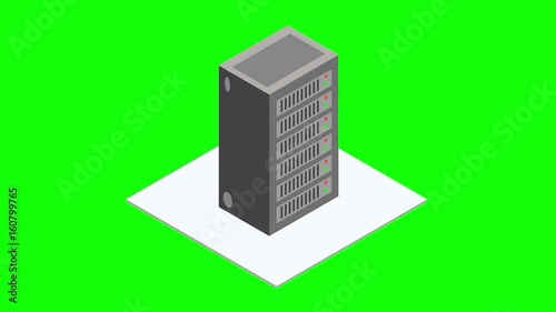 Datacenter server box. Isometric interior with hardware server case cabinet motion graphic concept. Available in 4K FullHD and HD video render footage on green screen chroma key