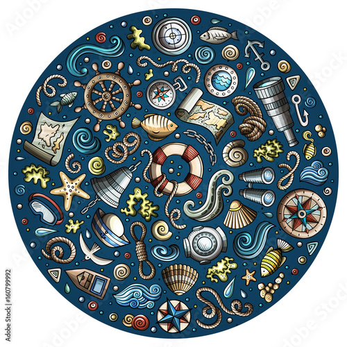 Set of Marine, Nautical cartoon objects