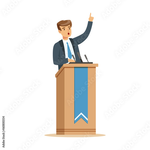 Young politician speaking behind the podium, public speaker character vector Illustration