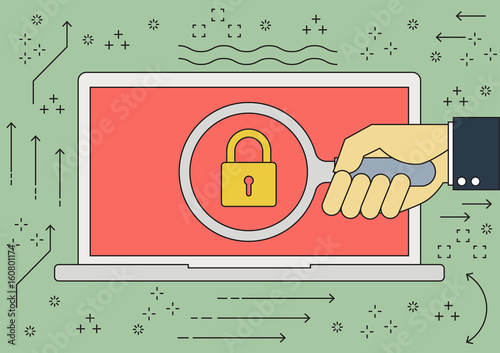 Vector flat line businessman hand with magnifying glass computer laptop key lock with malware ransomware virus attack. Vector illustration cybercrime and cyber security concept.
