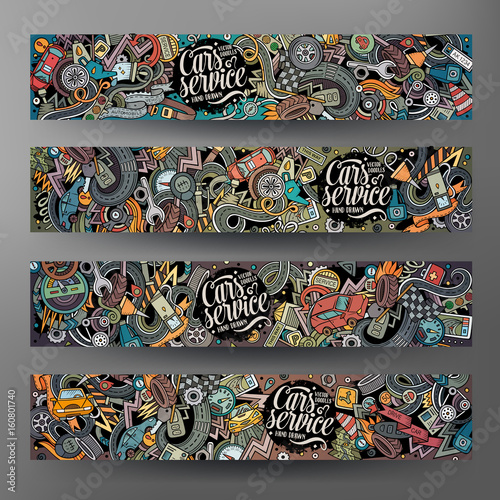 Cartoon vector hand drawn doodles Aautomobile horizontal banners