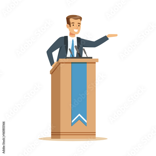 Orator speaking from tribune, public speaker character vector Illustration