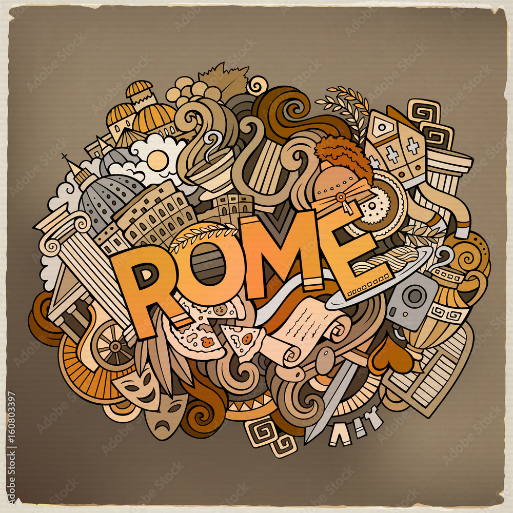 Cartoon cute doodles hand drawn Rome inscription