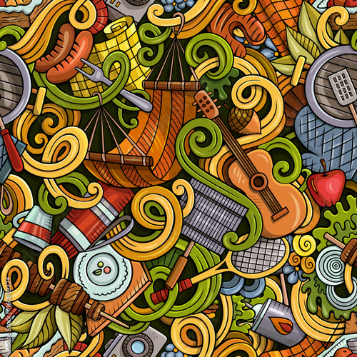 Cartoon hand-drawn picnic doodles seamless pattern