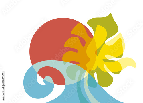 exotic tropical poster with plant silhouette, sun and sea wave.  vector illustration for web and print design. concept image for summer music poster, resort invitation, beach party