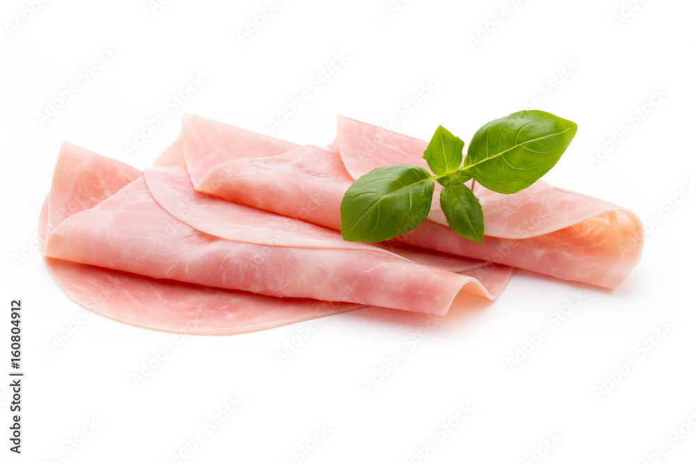 Thin slices of ham on white background. Thin slices of ham on white background.