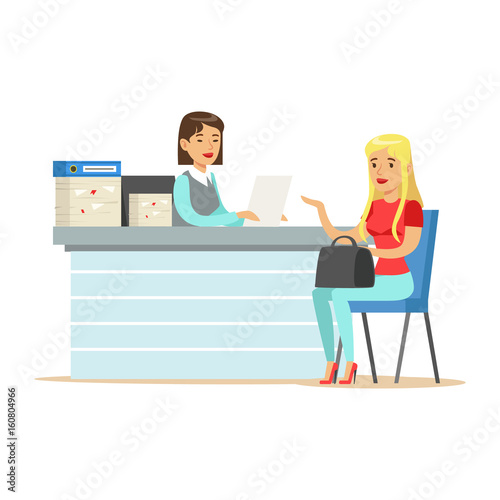 Young business woman interviewing job applicant at desk in office vector Illustration