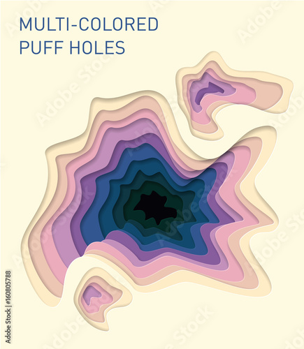 Illustration, creative background of advertising banner of a poster or cover from cut out layers of paper. Volumetric multilayer abstract curvilinear form of pink and yellow pastel colors,3d holes.