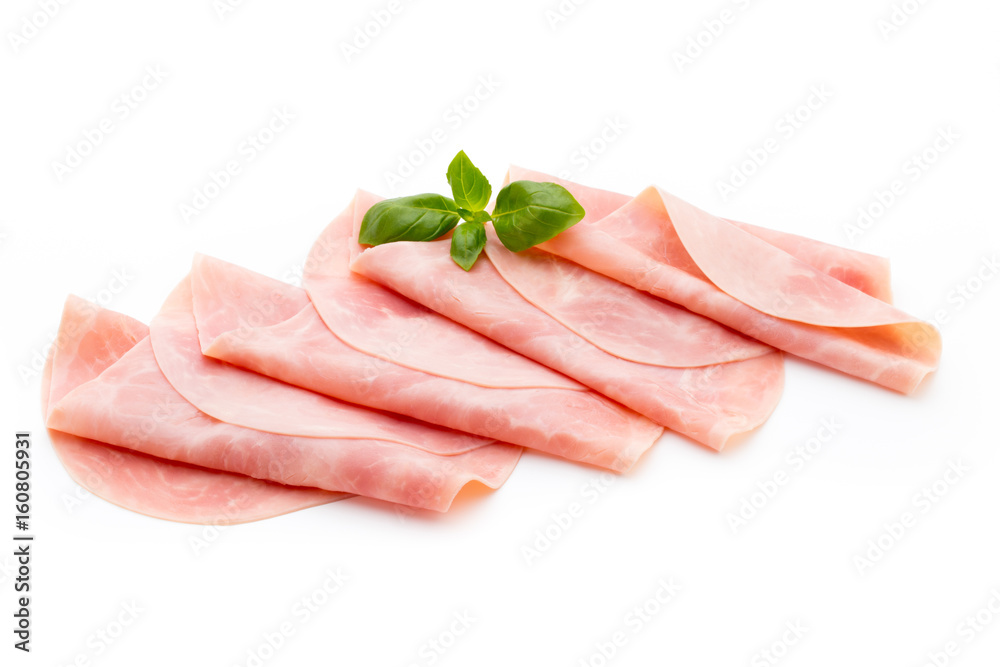 Thin slices of ham on white background. Thin slices of ham on white background.