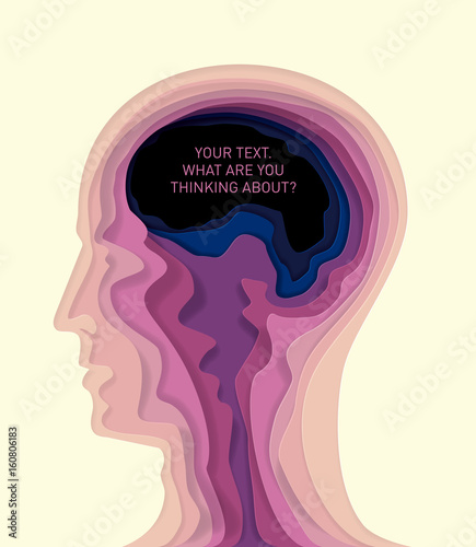Human head - vector illustration in style of material. Volumetric multilevel cut from a paper of a profile of person. Curvilinear form of human brain. Creative idea.
