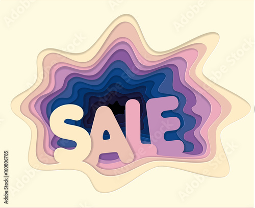 Sale - concept banner illustration. Discount, promotion, special offer for poster. Bulk paper letters of pink and pastel colors inside an abstract curved shape. Blue purple background. 3D volume hole
