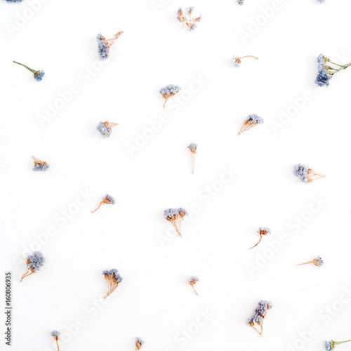 Floral pattern made of blue dried flowers on white background. Flat lay, top view. Floral pattern. © Floral Deco